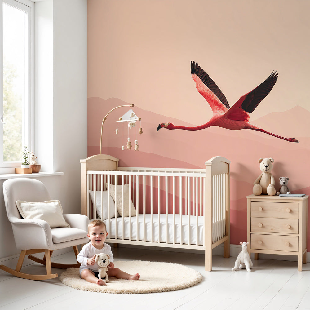 Pink flamingo mountain mural wallpaper in elegant nursery with light wood furniture by Kids-Mundo