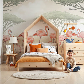 Flamingo mural wallpaper in modern nursery with soft pink birds and savanna landscape by Kids-Mundo