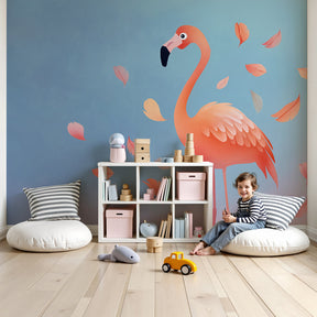 Pink flamingo mural wallpaper with autumn leaves creating serene nursery decor by Kids-Mundo