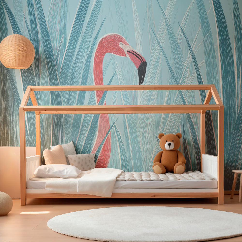 Elegant flamingo wall mural creating peaceful tropical sanctuary in child's playroom setting
