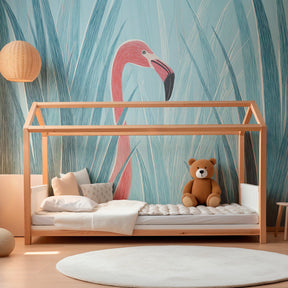 Elegant flamingo wall mural creating peaceful tropical sanctuary in child's playroom setting