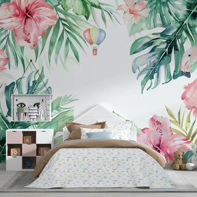 Whimsical flamingo tropical wallpaper transforming kids playroom with adventure theme