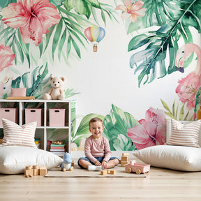 Tropical flamingo mural wallpaper with hot air balloon in modern nursery by Kids-Mundo