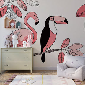 Tropical birds wallpaper creating exotic atmosphere in children's bedroom decor