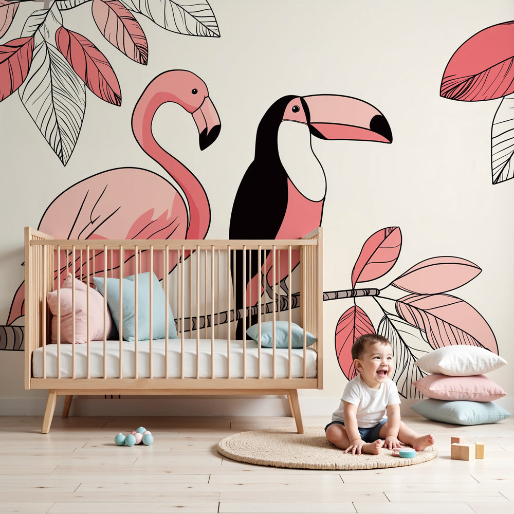 Pink flamingo and toucan tropical mural wallpaper in modern kids nursery by Kids-Mundo