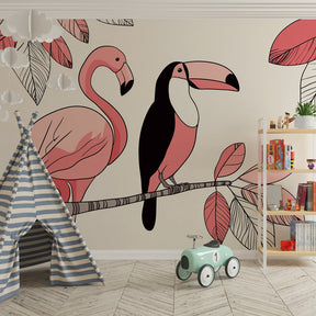 Flamingo and toucan wall decor transforming kids playroom into tropical paradise
