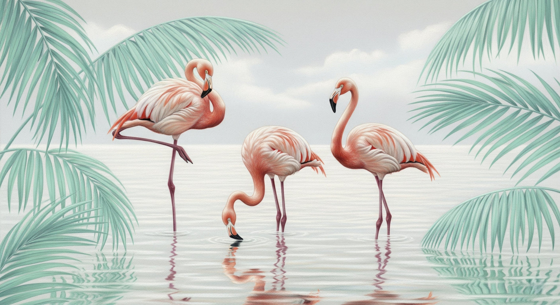 Detailed pink flamingo and palm leaves mural wallpaper design pattern by Kids-Mundo