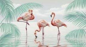 Detailed pink flamingo and palm leaves mural wallpaper design pattern by Kids-Mundo