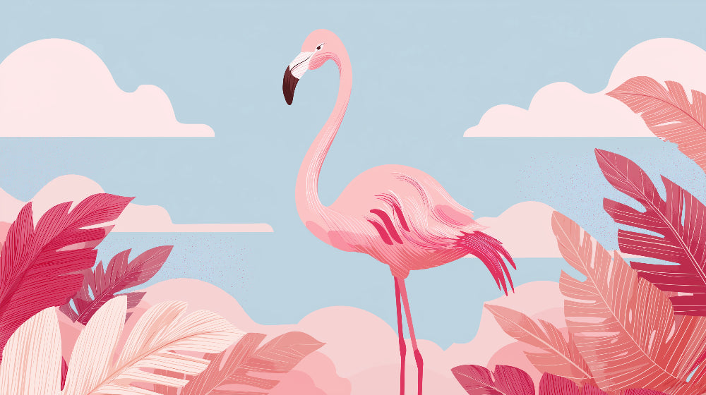 Detailed flamingo tropical mural wallpaper design pattern with palm fronds by Kids-Mundo