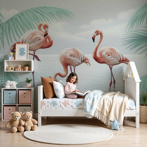 Pink flamingo tropical mural wallpaper creating serene nursery decor by Kids-Mundo