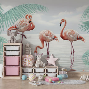 Flamingo and palm tropical mural wallpaper transforming children's playroom space