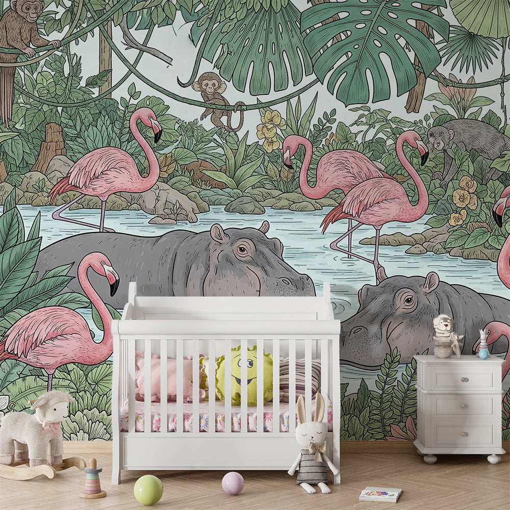 Kids-Mundo tropical flamingo and hippo mural styled on a bright kids bedroom wall.