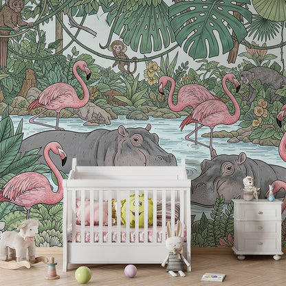 Kids-Mundo tropical flamingo and hippo mural styled on a bright kids bedroom wall.