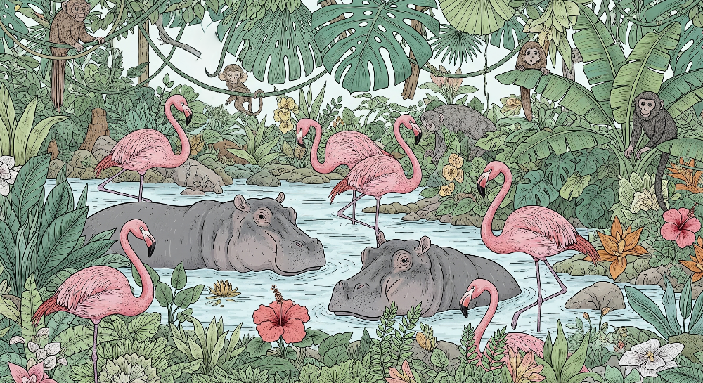 Kids-Mundo flat artwork of flamingos and hippos in a lush, multicoloured jungle river scene.