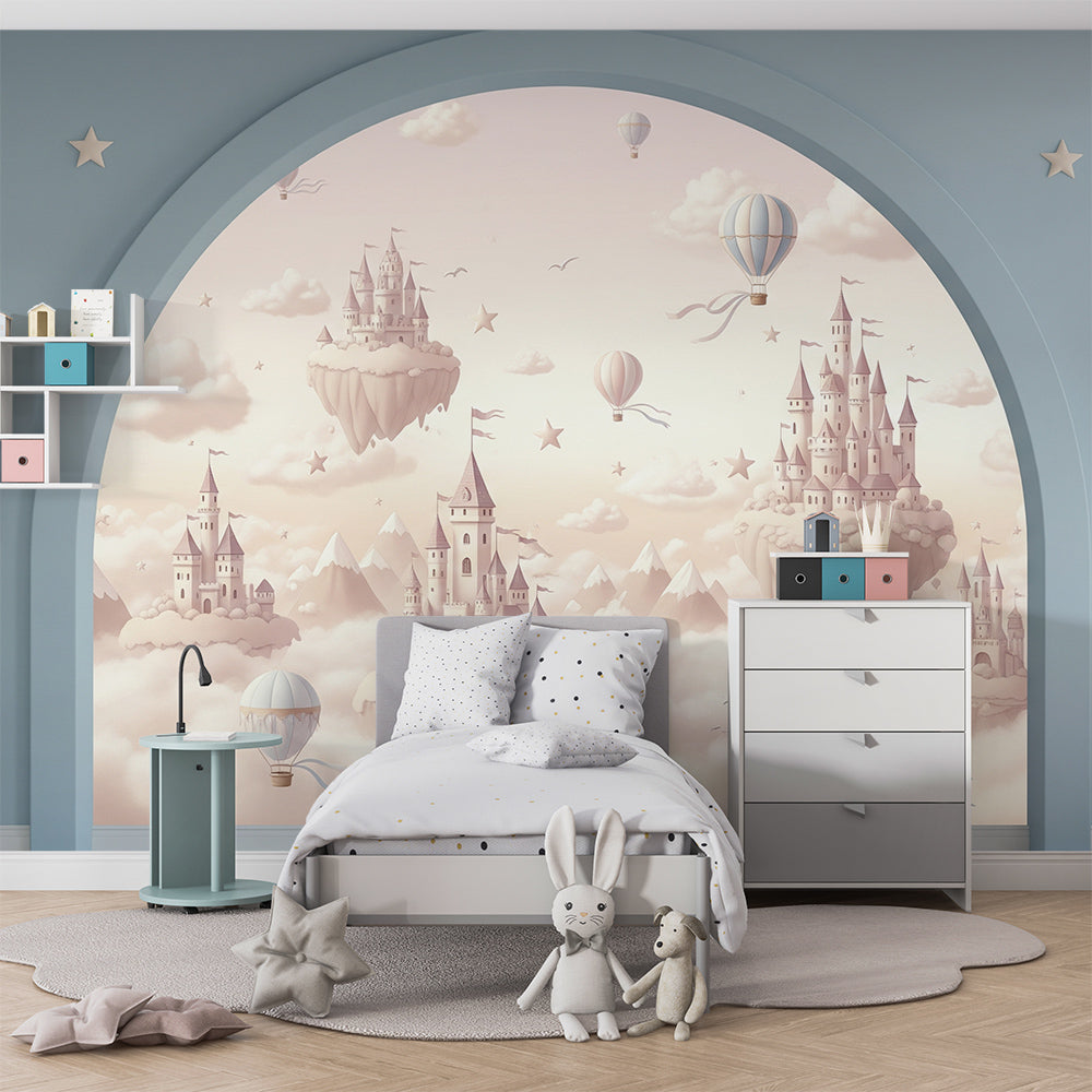 Kids-Mundo castle and balloon wall mural featured on a pastel kids bedroom feature wall