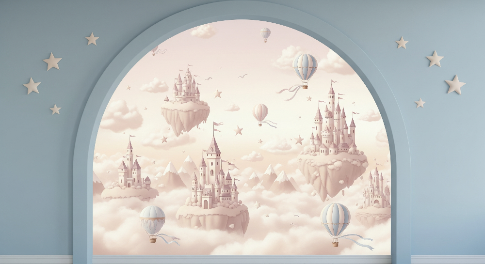 Kids-Mundo flat artwork of floating castles and pastel hot air balloons for a wall mural design