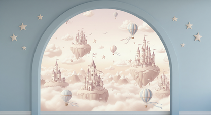 Kids-Mundo flat artwork of floating castles and pastel hot air balloons for a wall mural design