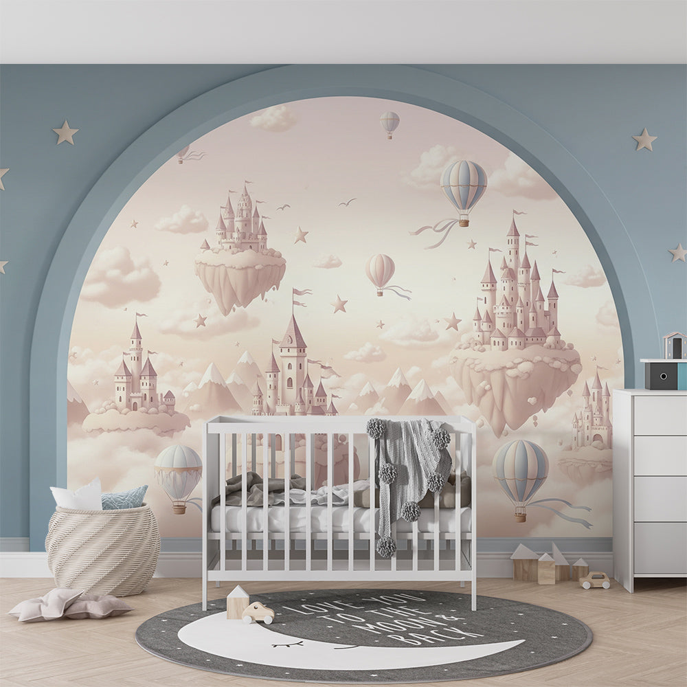 Kids-Mundo whimsical castle wall mural bringing a dreamy sky scene to a children's playroom