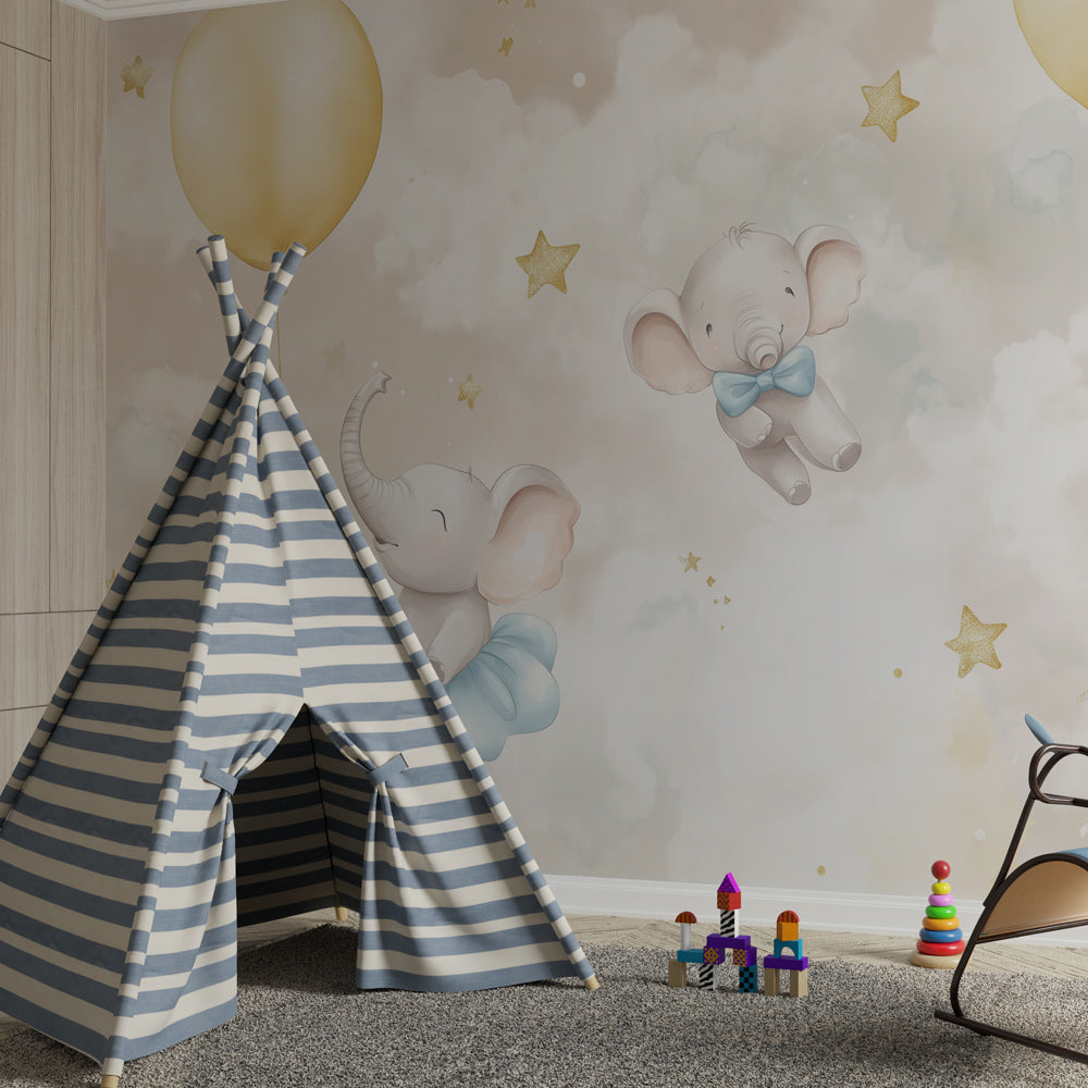 Kids-Mundo dreamy elephant balloon mural styled in a soft gender-neutral kids bedroom