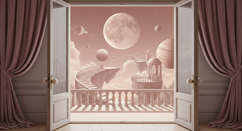 Kids-Mundo flat artwork of a balcony, a floating staircase and a glowing moon among planets.