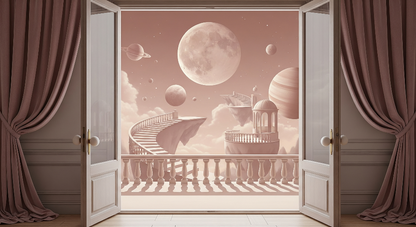 Kids-Mundo flat artwork of a balcony, a floating staircase and a glowing moon among planets.