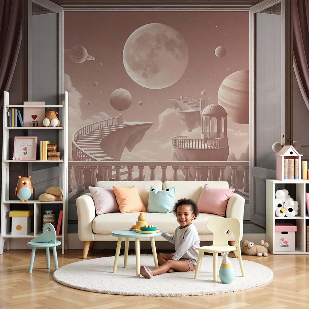 Kids-Mundo floating staircase moon wall mural above a cot in a soft pink nursery.