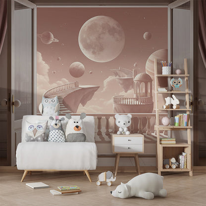 Kids-Mundo floating staircase mural setting a fantastical scene in a playroom.