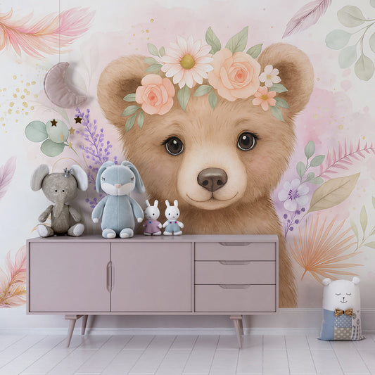 Kids-Mundo floral bear wall mural covering a feature wall in a soft girl's bedroom.