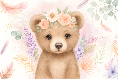 Kids-Mundo flat artwork of a baby bear wearing a floral crown among watercolour leaves.