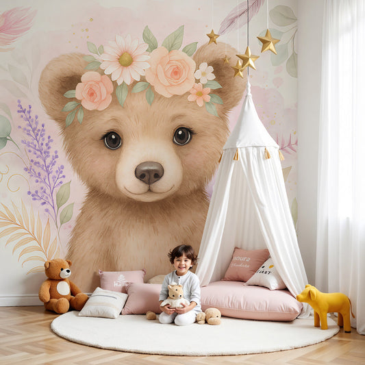 Kids-Mundo floral baby bear wall mural styled softly behind a cot in a pastel nursery.