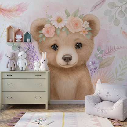 Kids-Mundo flower-crowned bear wall mural bringing gentle colour to a playroom.