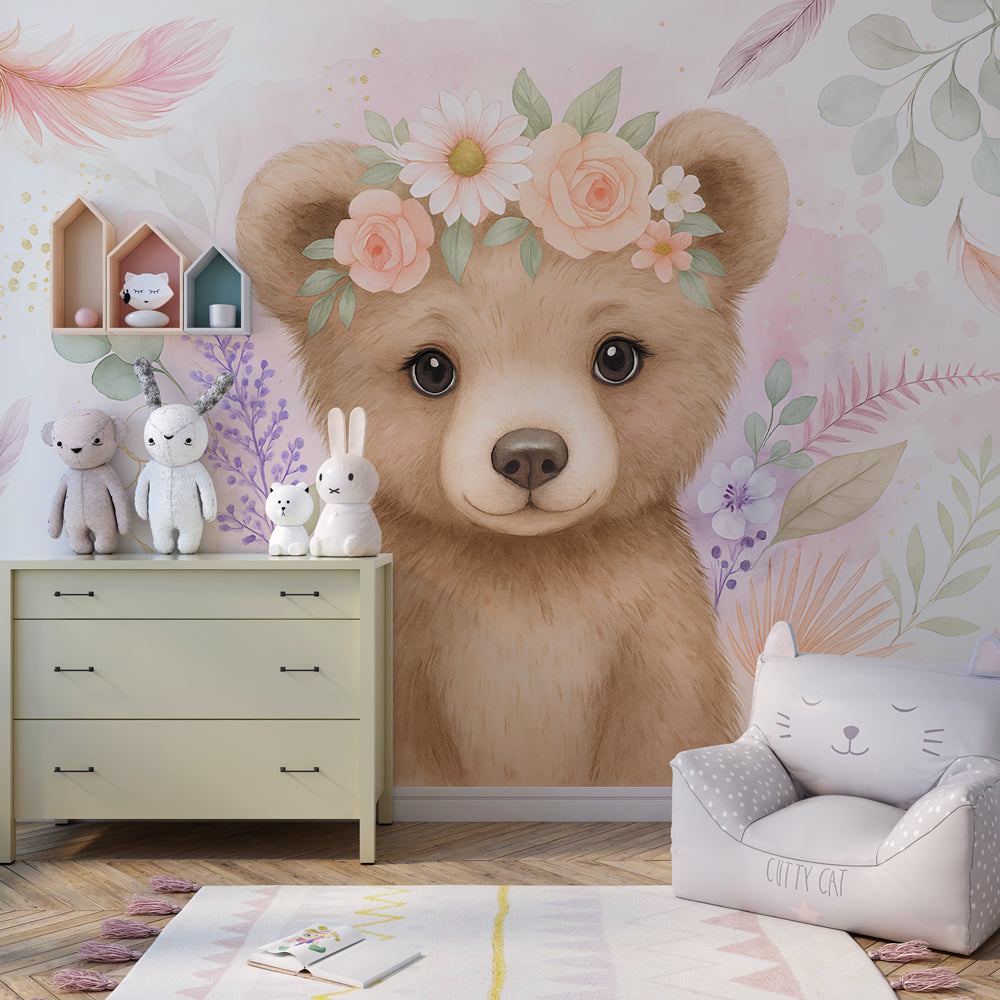 Nature-inspired bear mural wallpaper enhancing serene toddler room decor by Kids-Mundo