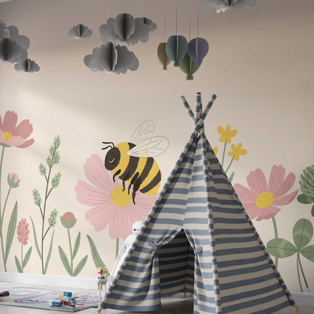 Educational bee and flower wallpaper for kids playroom featuring colorful garden scene by Kids-Mundo
