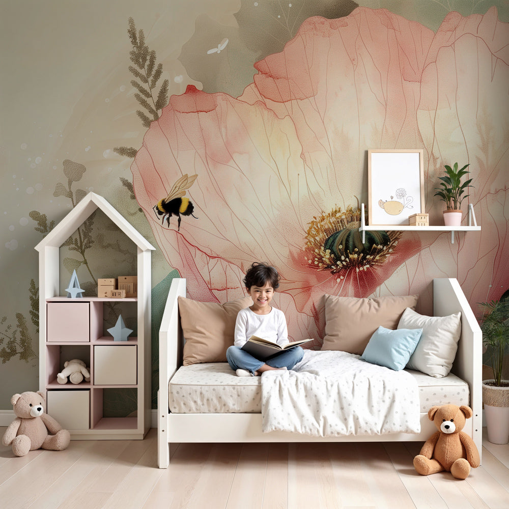 Floral bees and poppies mural wallpaper in cozy nursery setting by Kids-Mundo