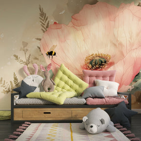 Botanical bee and flower mural wallpaper enhancing kids playroom by Kids-Mundo