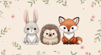 Kids-Mundo flat artwork of a bunny, fox and hedgehog among pink and yellow florals