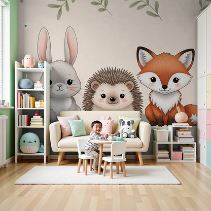 Kids-Mundo floral bunny, fox and hedgehog wall mural in a soft pastel nursery