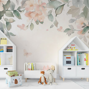 Multicolored floral butterfly mural wallpaper for baby girl nursery decor