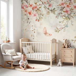 Floral butterfly mural wallpaper with pink petals in elegant baby nursery by Kids-Mundo