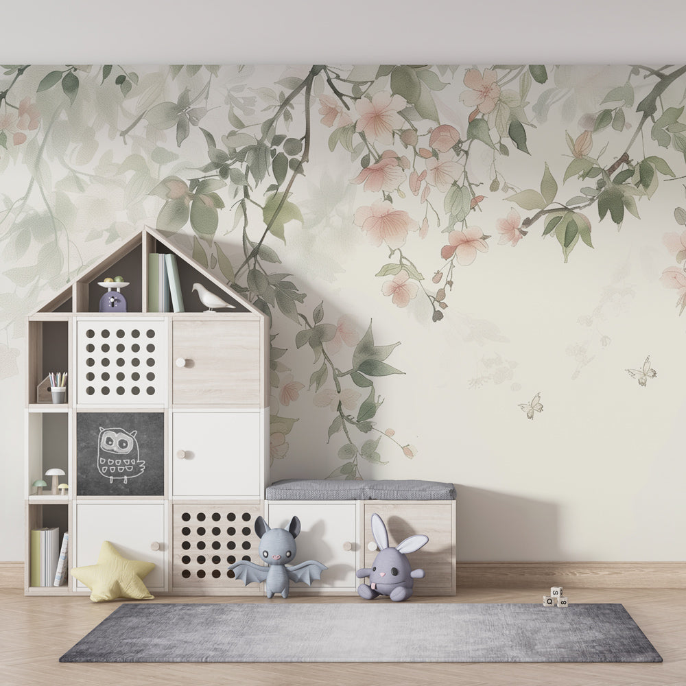 Botanical butterfly mural wallpaper transforming baby room into serene space