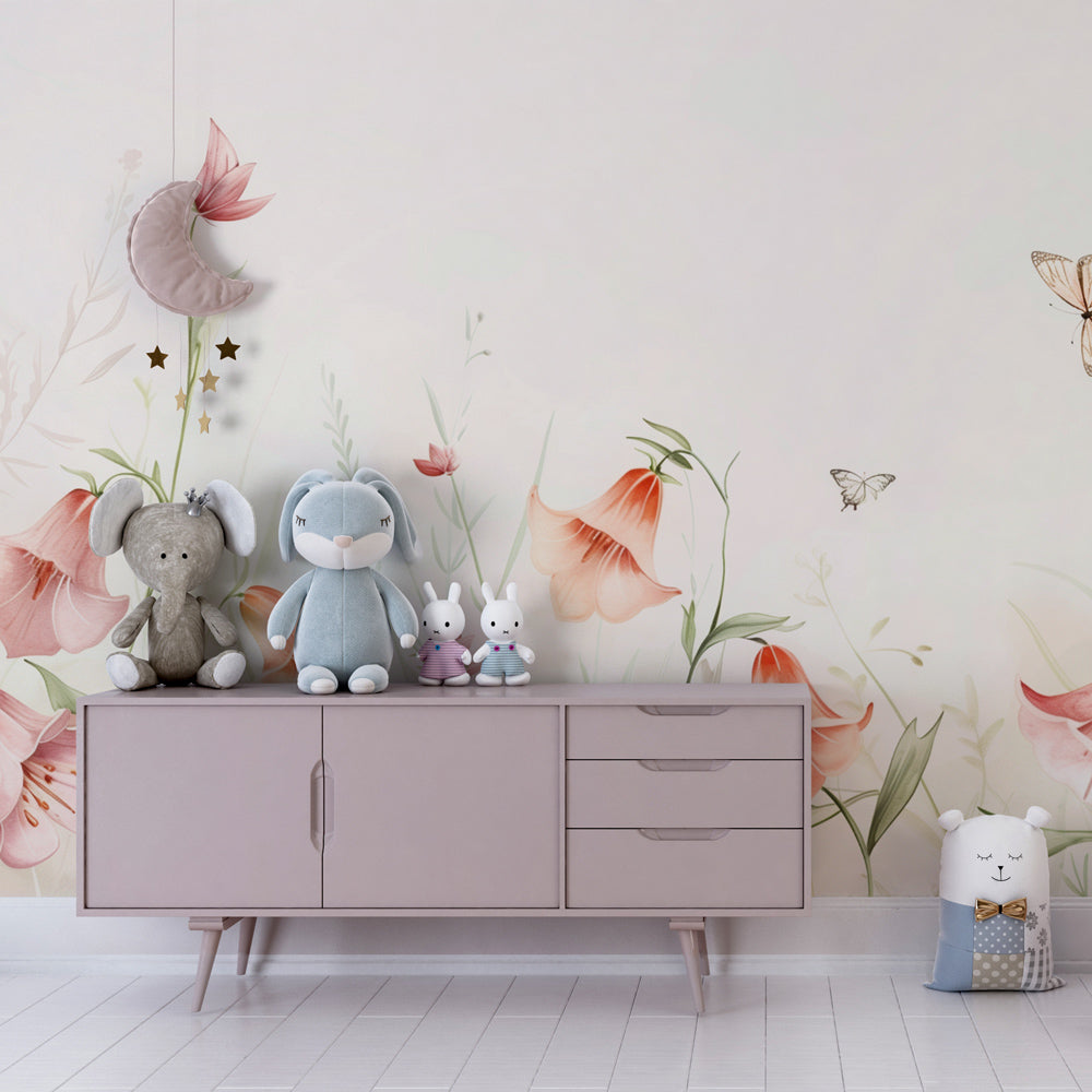Soft pink garden wallpaper with butterflies transforming kids bedroom by Kids-Mundo
