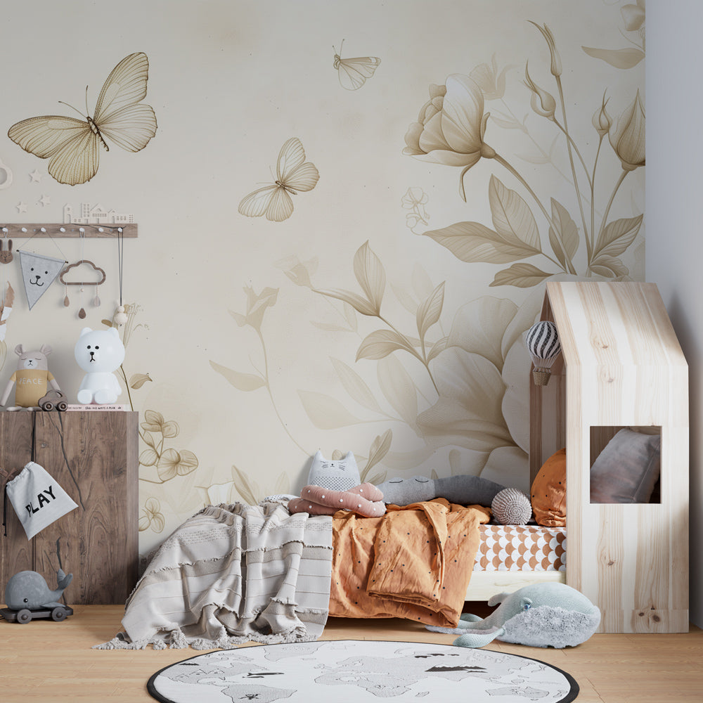 Botanical butterfly wallpaper creating serene atmosphere in modern baby room with soft lighting