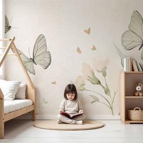 Beige floral butterfly mural wallpaper creating serene nursery atmosphere by Kids-Mundo