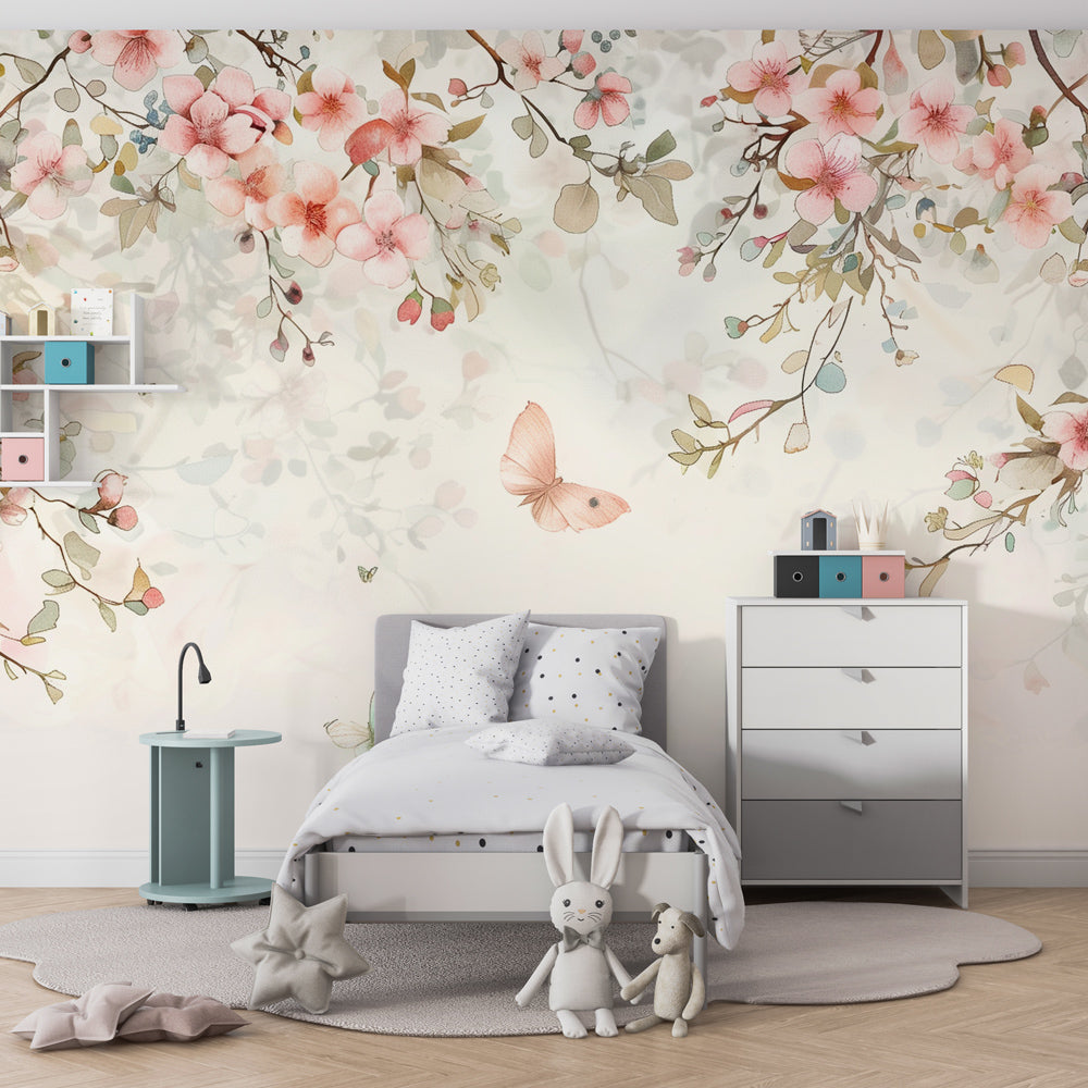 Pink floral wallpaper creating serene nursery decor with pastel butterflies and soft lighting