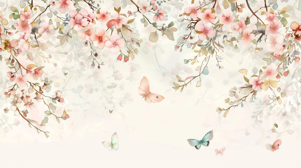 Detailed floral butterfly mural wallpaper design pattern with pink petals by Kids-Mundo