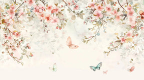 Detailed floral butterfly mural wallpaper design pattern with pink petals by Kids-Mundo