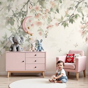 Floral butterfly mural wallpaper with green leaves in modern baby nursery by Kids-Mundo