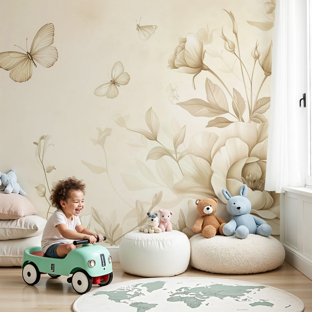 Sepia floral butterfly mural wallpaper in elegant nursery with natural wood furniture by Kids-Mundo