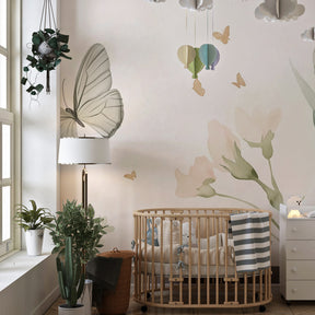 Nature-inspired butterfly mural wallpaper enhancing calm nursery environment