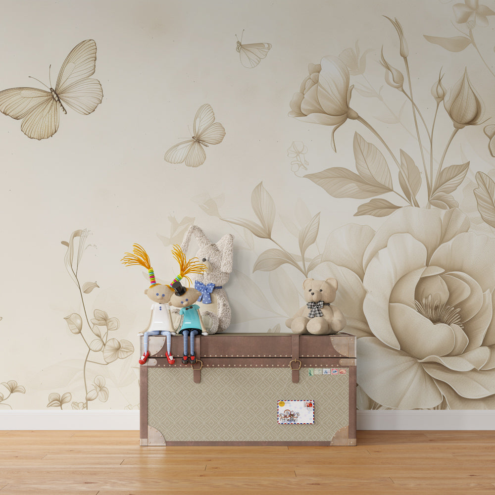 Sepia garden mural wallpaper featuring delicate butterflies in cozy toddler bedroom setting